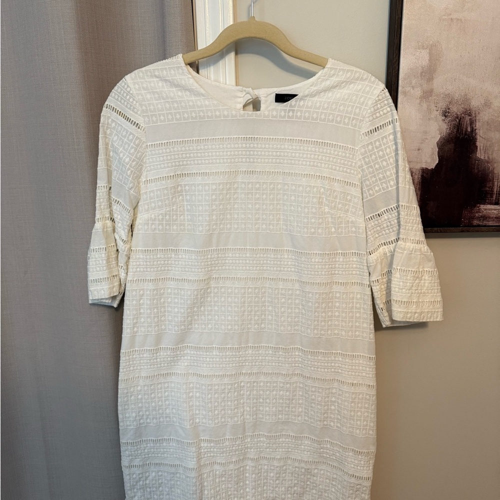 J. Crew White Embroidered 3/4 Length Sleeve Dress